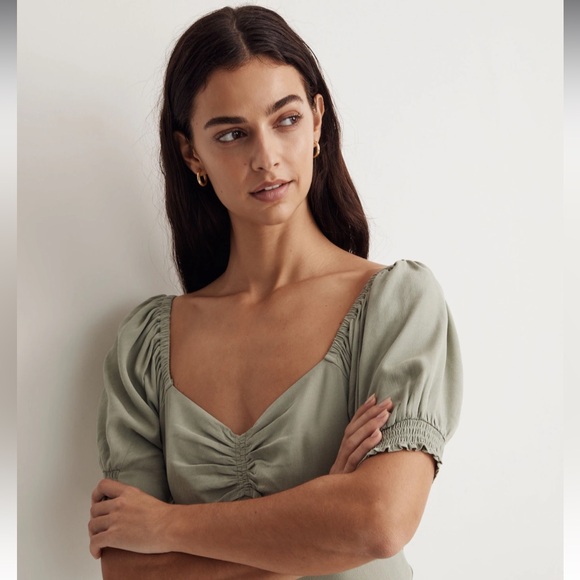 Madewell Sweetheart Puff-Sleeve Midi Dress frosted sage size 0 EUC - Picture 4 of 7
